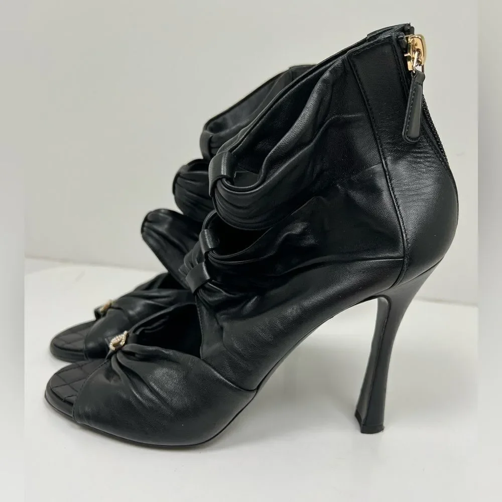 Chanel Ruched Open Toe Leather Camellia Booties Black